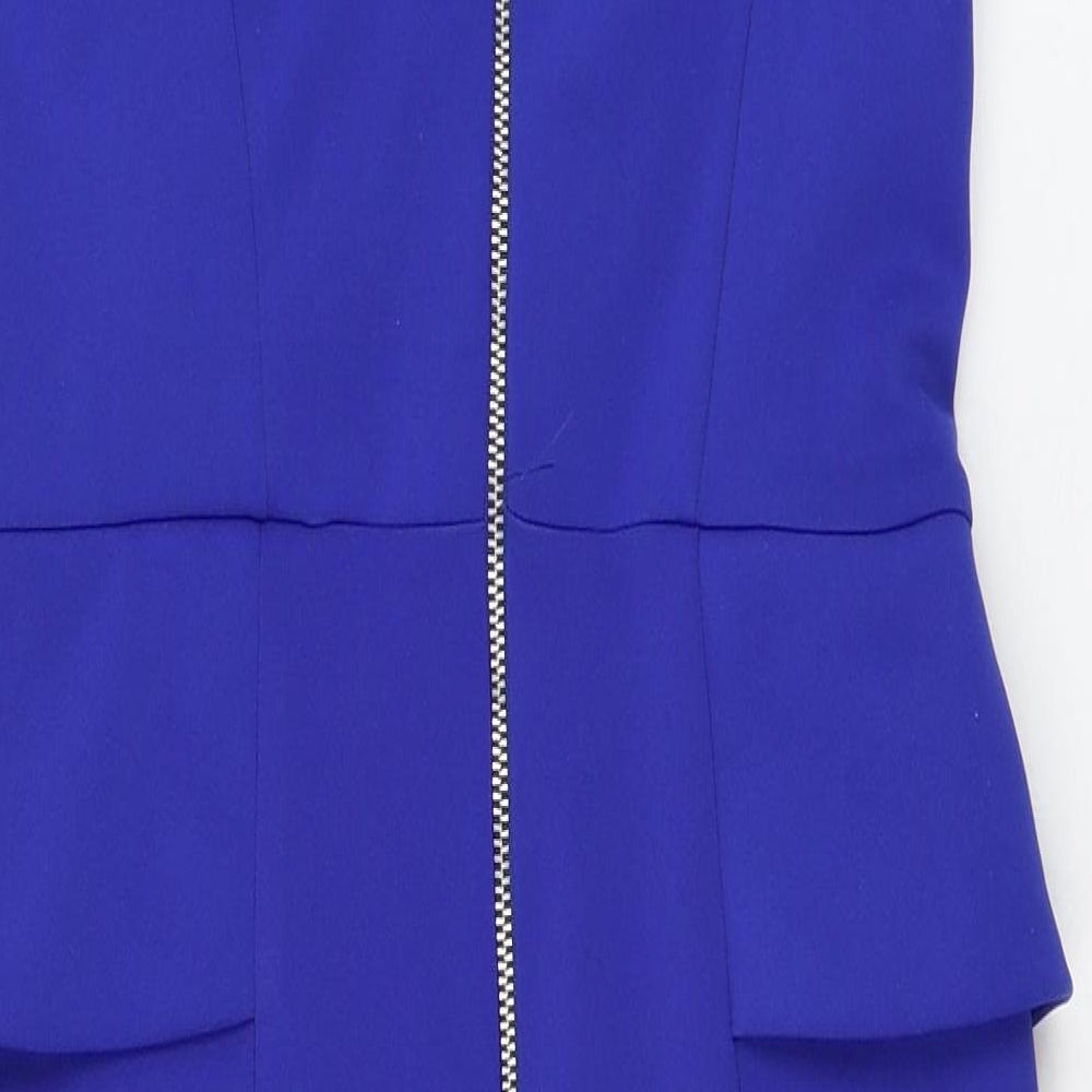 Brand and care label for River Island women’s blue polyester pencil dress, size UK 10, square neck zip