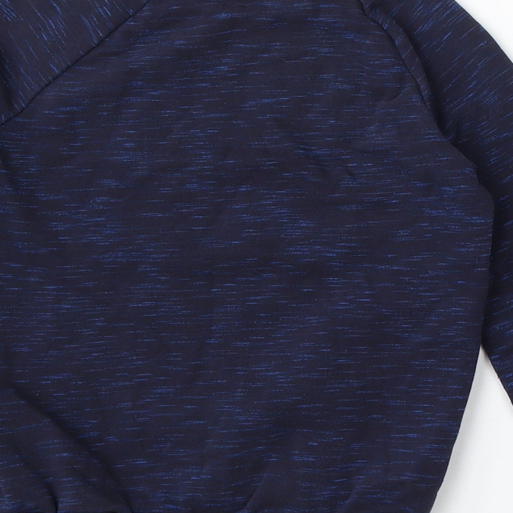 Brand and care label for Nutmeg boys’ blue cotton pullover sweatshirt, size 3-4, years