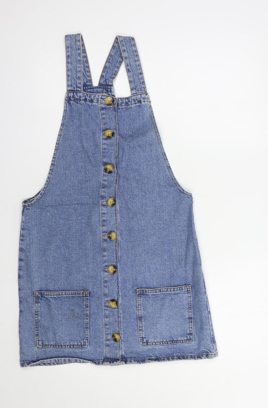 Additional front view of Denim Co. women’s blue cotton pinafore/dungaree dress, size UK 8, square neck button