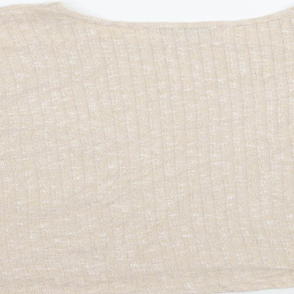 Brand and care label for Topshop women’s beige polyester cropped blouse, size UK 10, boat neck