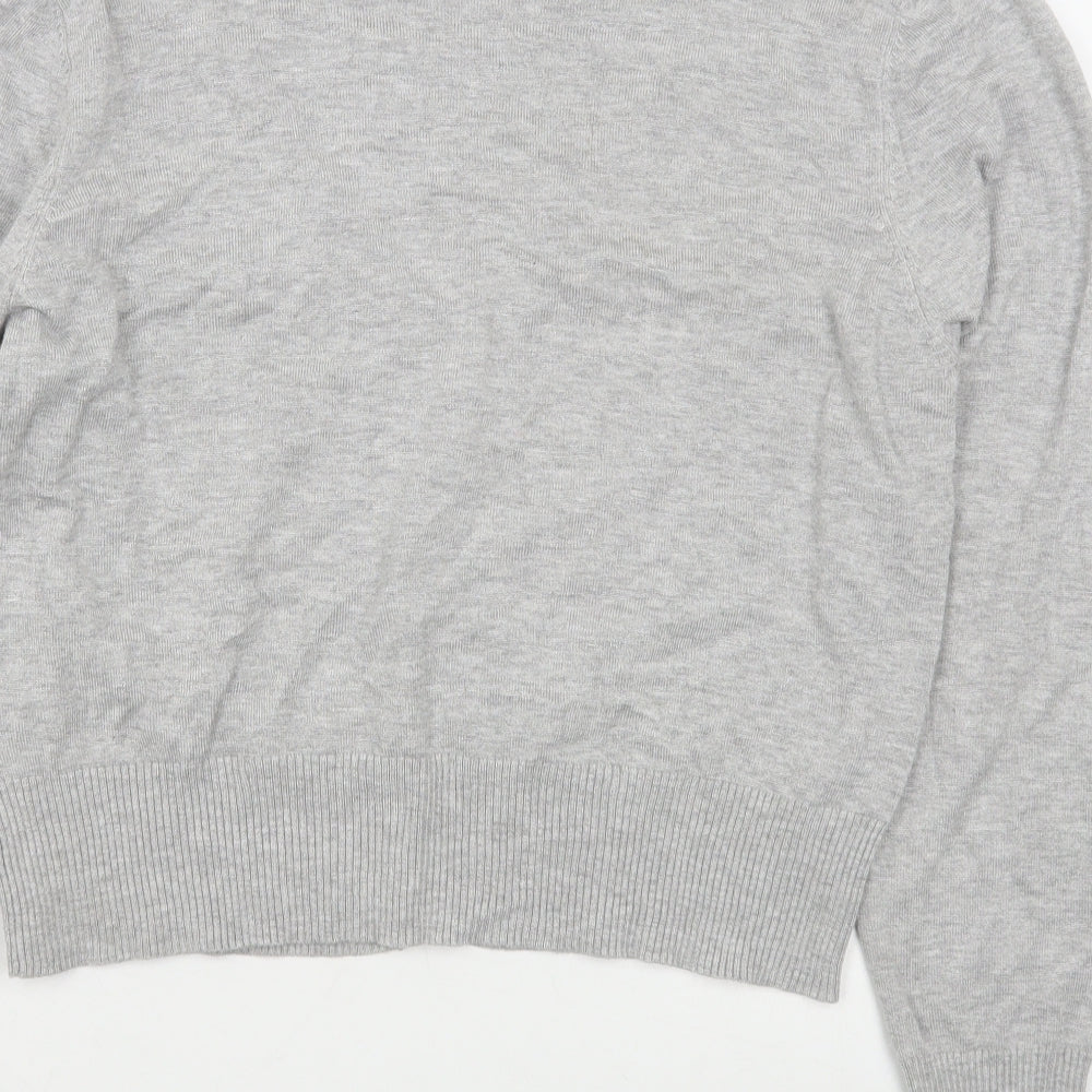 Brand and care label for Preworn women’s grey v-neck nylon cardigan jumper, size L