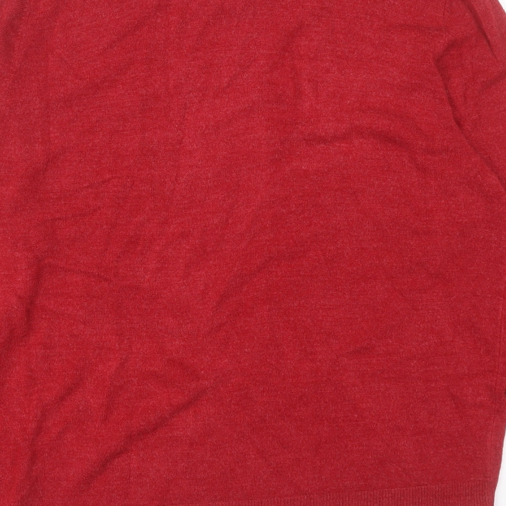 Brand and care label for Atlantic Bay men’s red v-neck acrylic jumper, size L