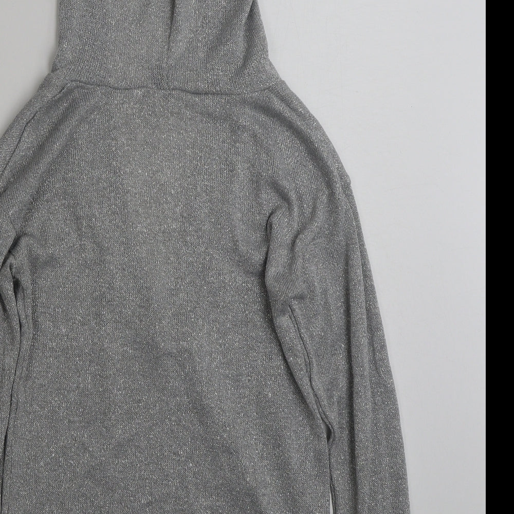 Brand and care label for H&M women’s silver polyester pullover hoodie, size XS, pullover