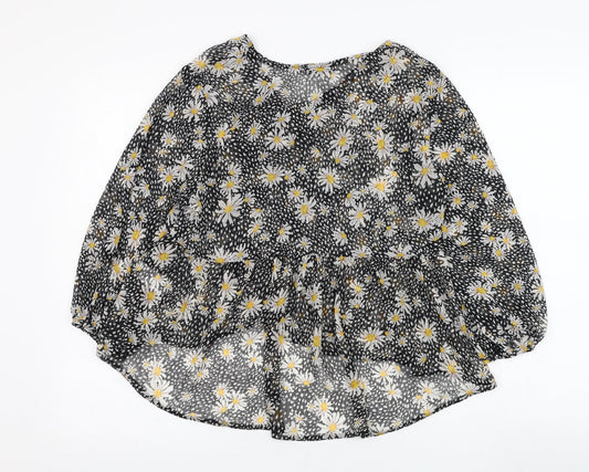 Primark Womens Black Floral Polyester Basic Blouse Size 10 V-Neck