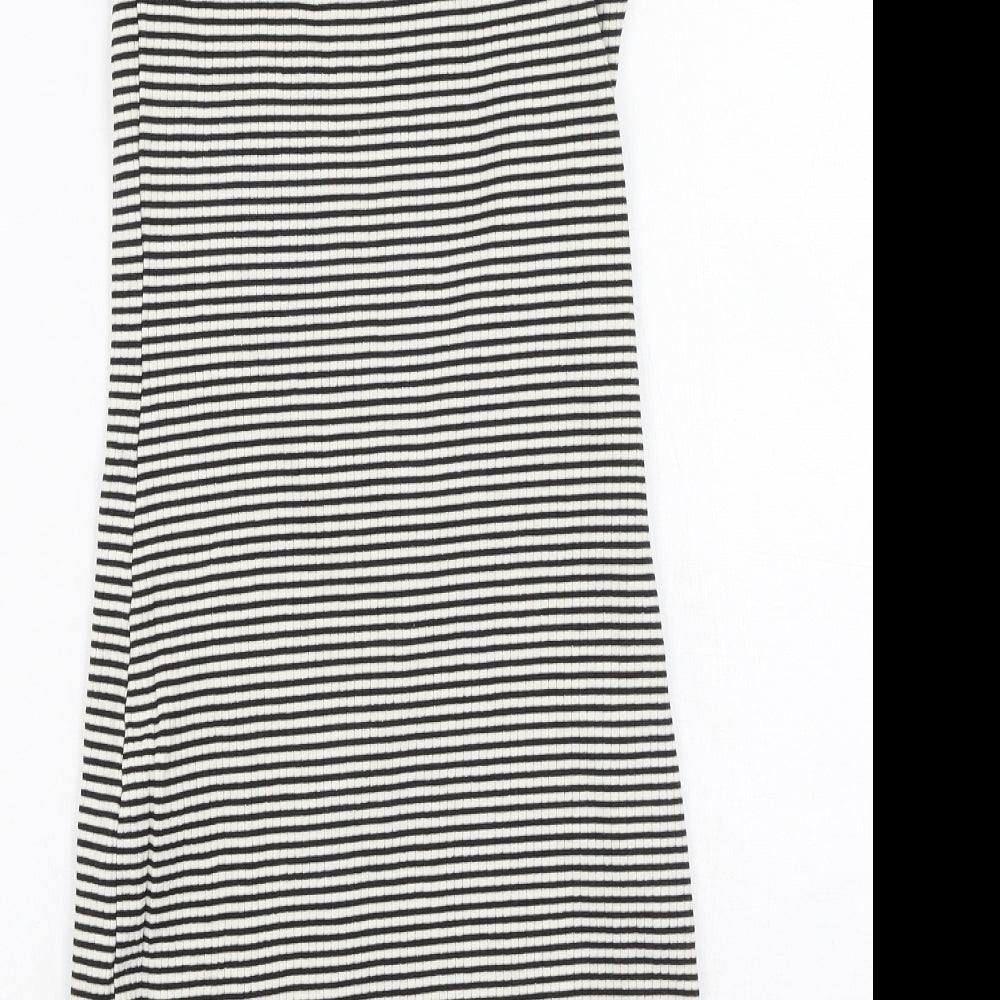 Brand and care label for River Island women’s black striped cotton bodycon, size UK 6, off the shoulder