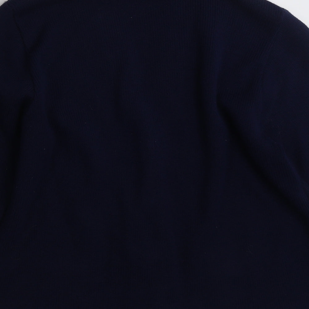 Brand and care label for Hand to Hand women’s blue v-neck floral acrylic cardigan jumper, size M