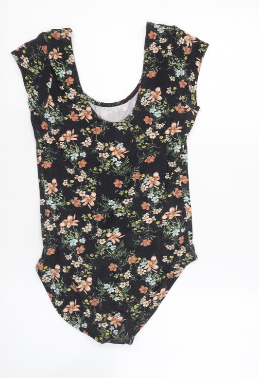 Miss Selfridge Womens Black Floral Cotton Bodysuit One-Piece Size 10 Button