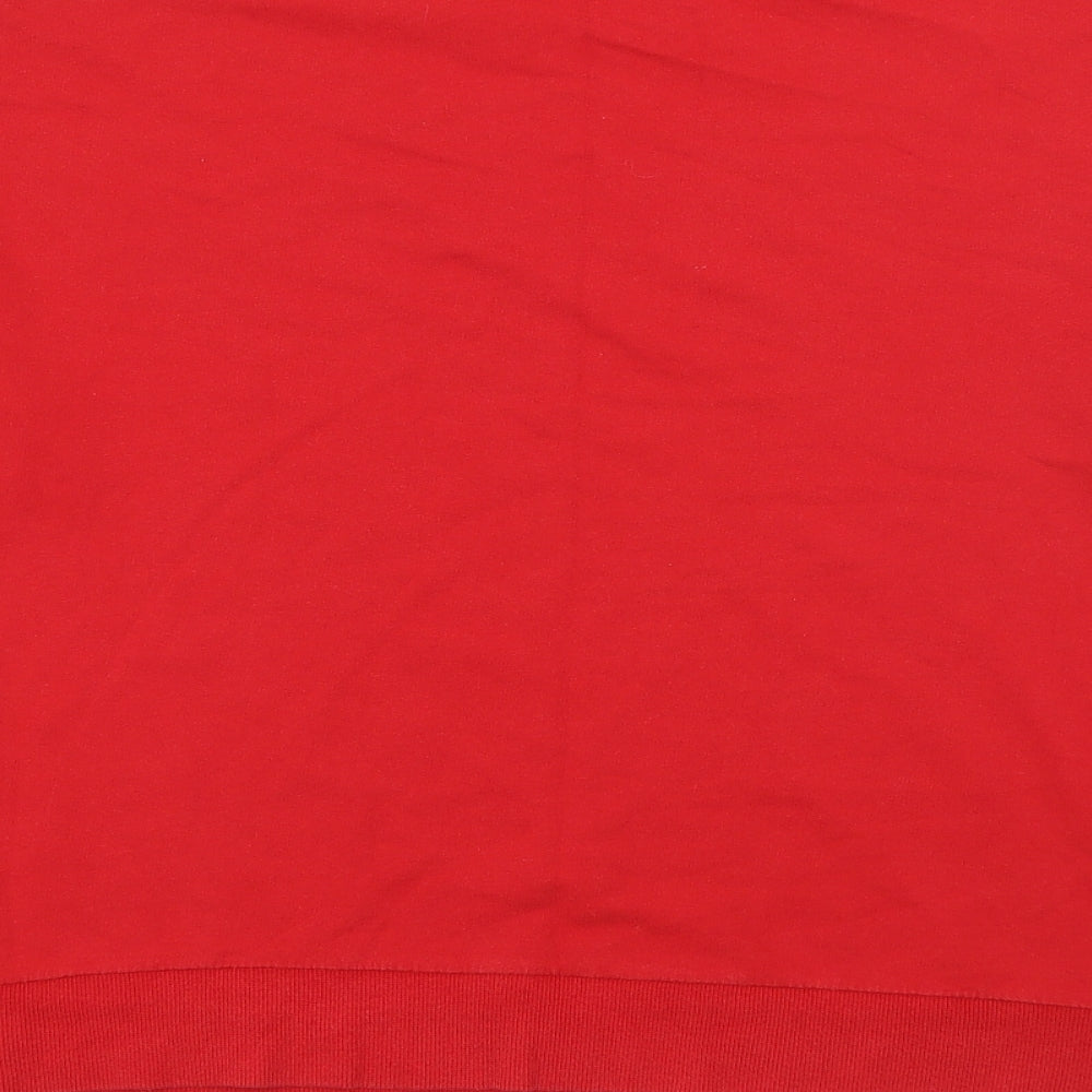 Brand and care label for H&M women’s red cotton pullover sweatshirt, size M