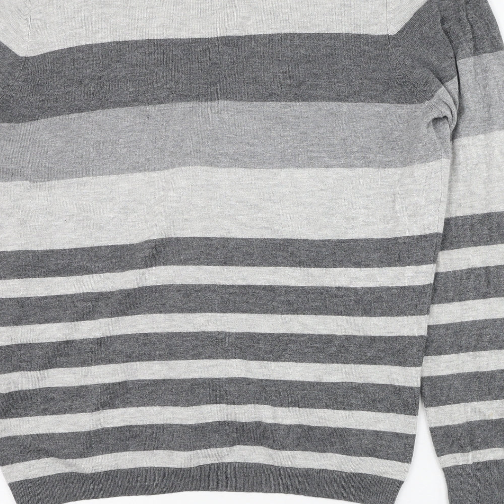Brand and care label for BHS women’s grey v-neck striped viscose cardigan jumper, size UK 14