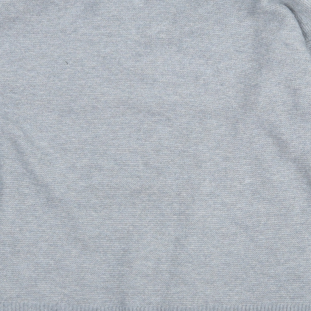Brand and care label for Primark women’s blue crew neck polyester jumper, size UK 12, - 12-14. bead detail