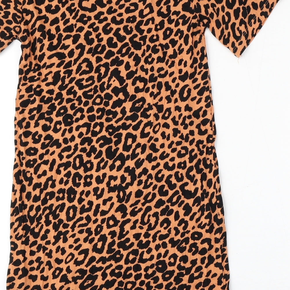 Brand and care label for ASOS women’s orange animal print cotton t-shirt dress, size UK 6, round neck