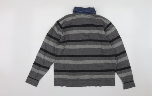 M&Co Mens Grey Collared Striped Cotton Pullover Jumper Size M