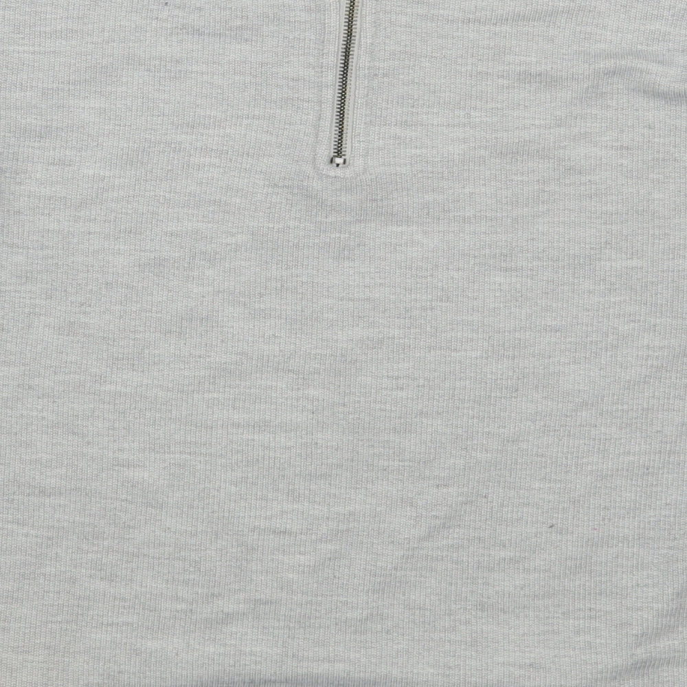 Brand and care label for New Look women’s grey polyester pullover sweatshirt, size UK 12, zip