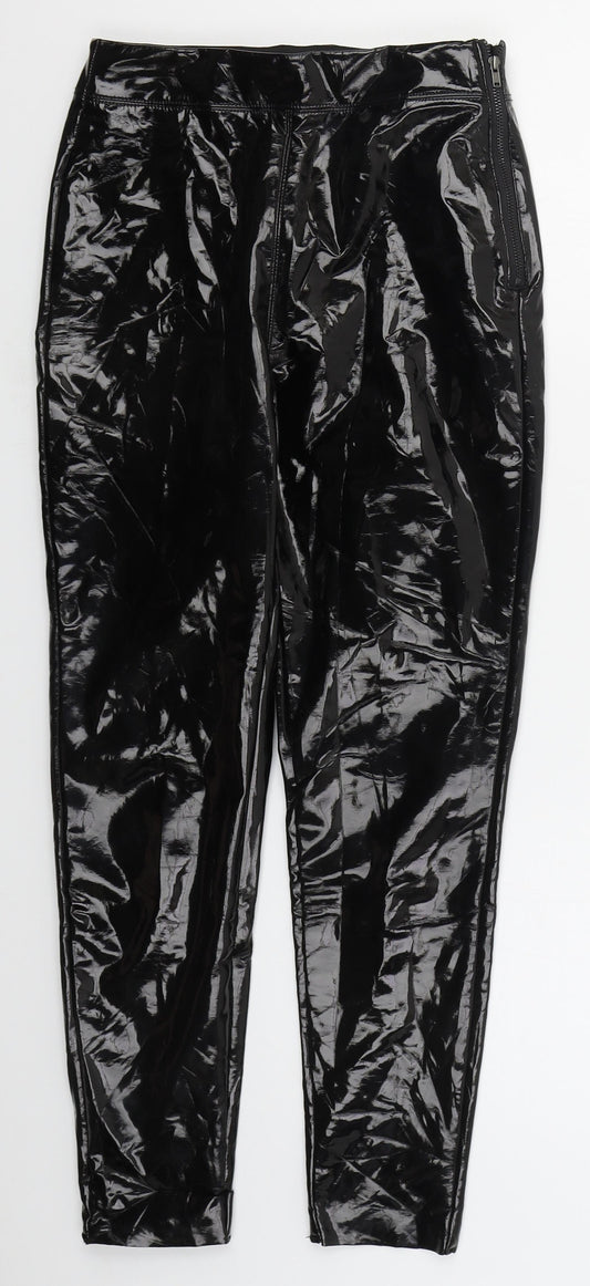 Additional front view of Topshop women’s black polyurethane trousers, size UK 4, 25-inch leg regular zip