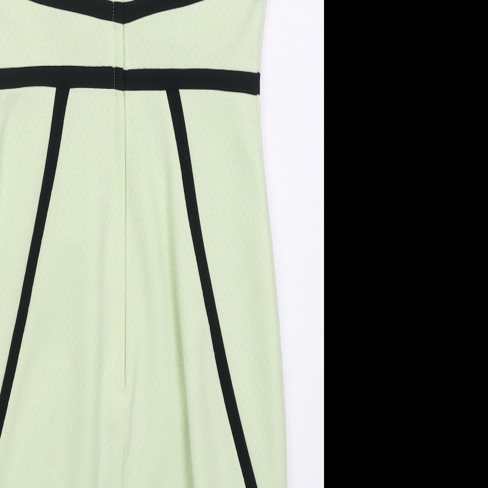Brand and care label for Dorothy Perkins women’s green geometric polyester pencil dress, size UK 10, boat neck zip