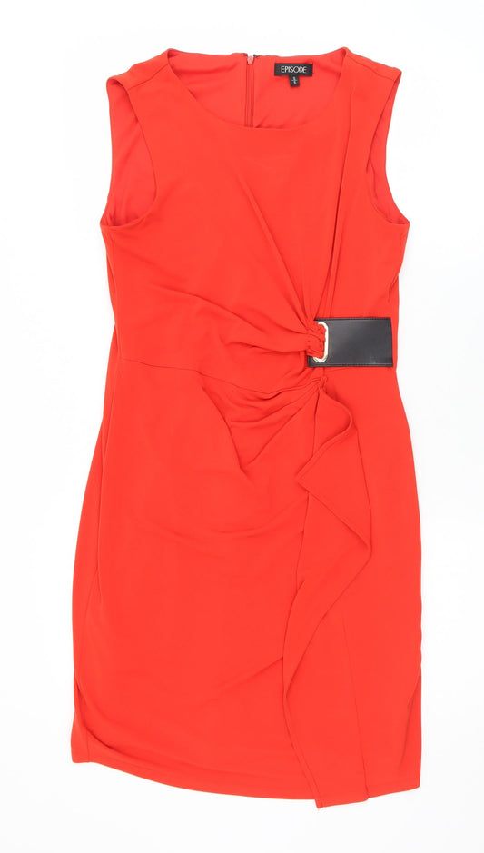 Additional front view of Episode women’s red polyester shift, size S, round neck zip