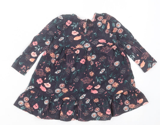 F&F Girls Blue Floral Cotton A-Line Size 6-9 Months Crew Neck Button
