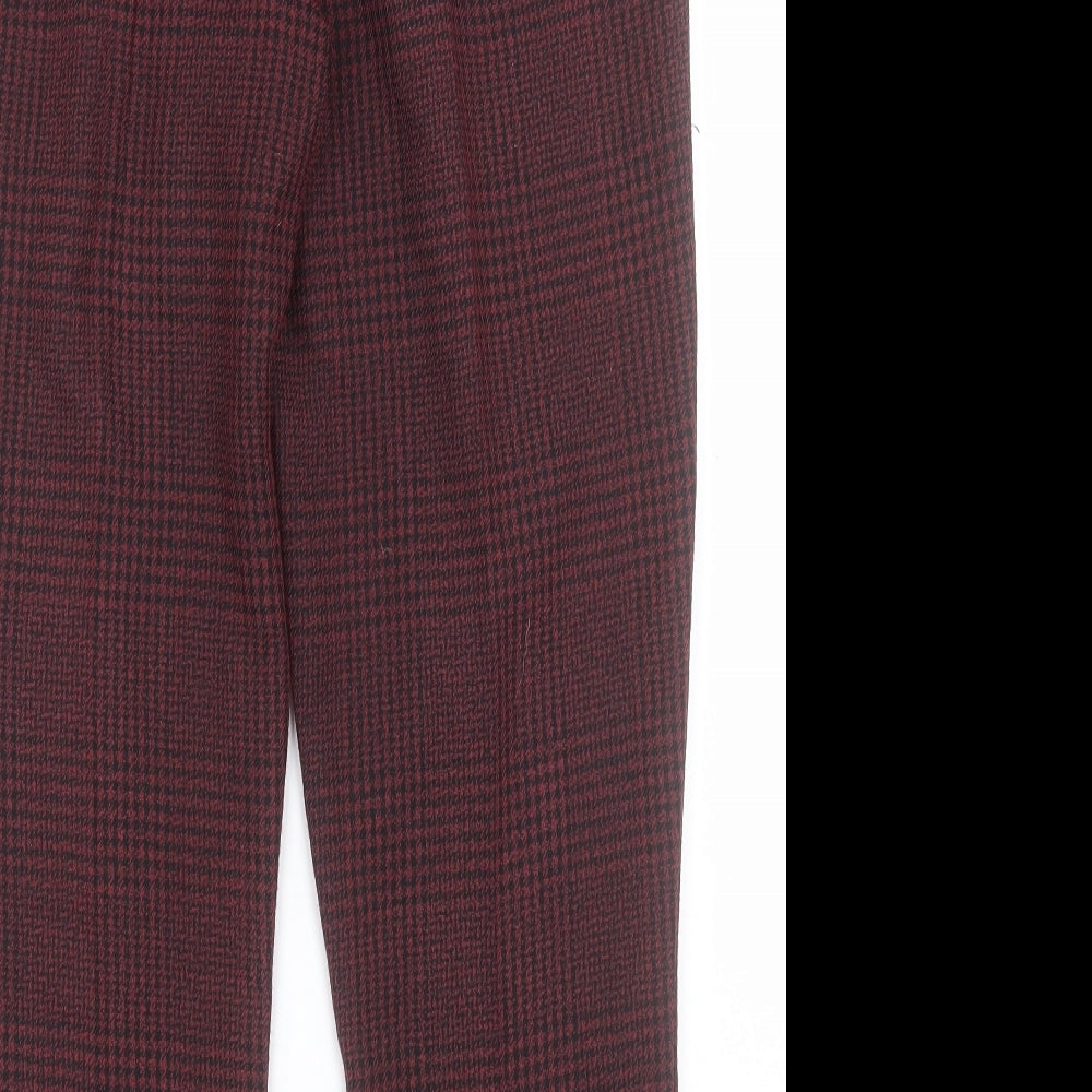 Brand and care label for New Look women’s red plaid polyester trousers, size UK 8, 28-inch leg regular hook & eye