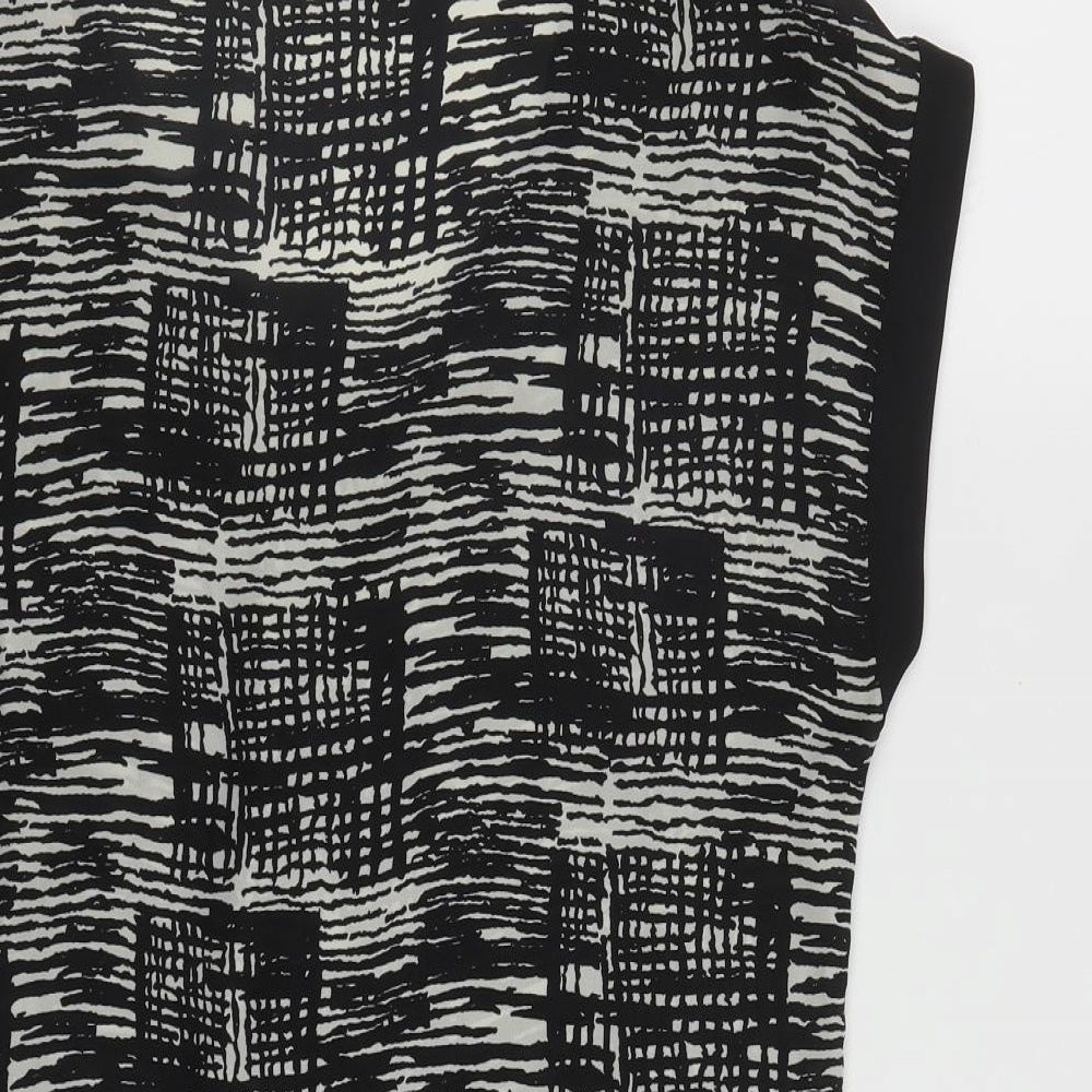 Brand and care label for Epiloque women’s black geometric polyester tunic blouse, size UK 14, round neck