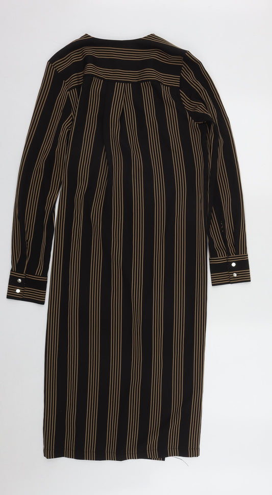 H&M Womens Brown Striped Polyester A-Line Size 8 V-Neck Button