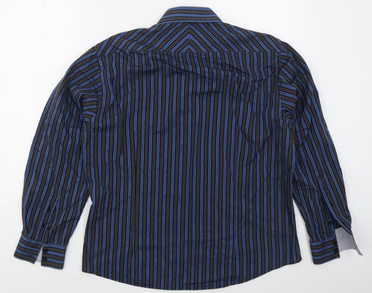 Remus Uomo Mens Blue Striped Cotton Button-Up Size L Collared Button