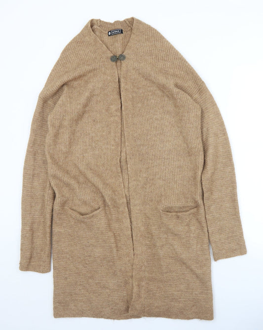 Additional front view of Avenue women’s brown round neck acrylic cardigan jumper, size UK 12
