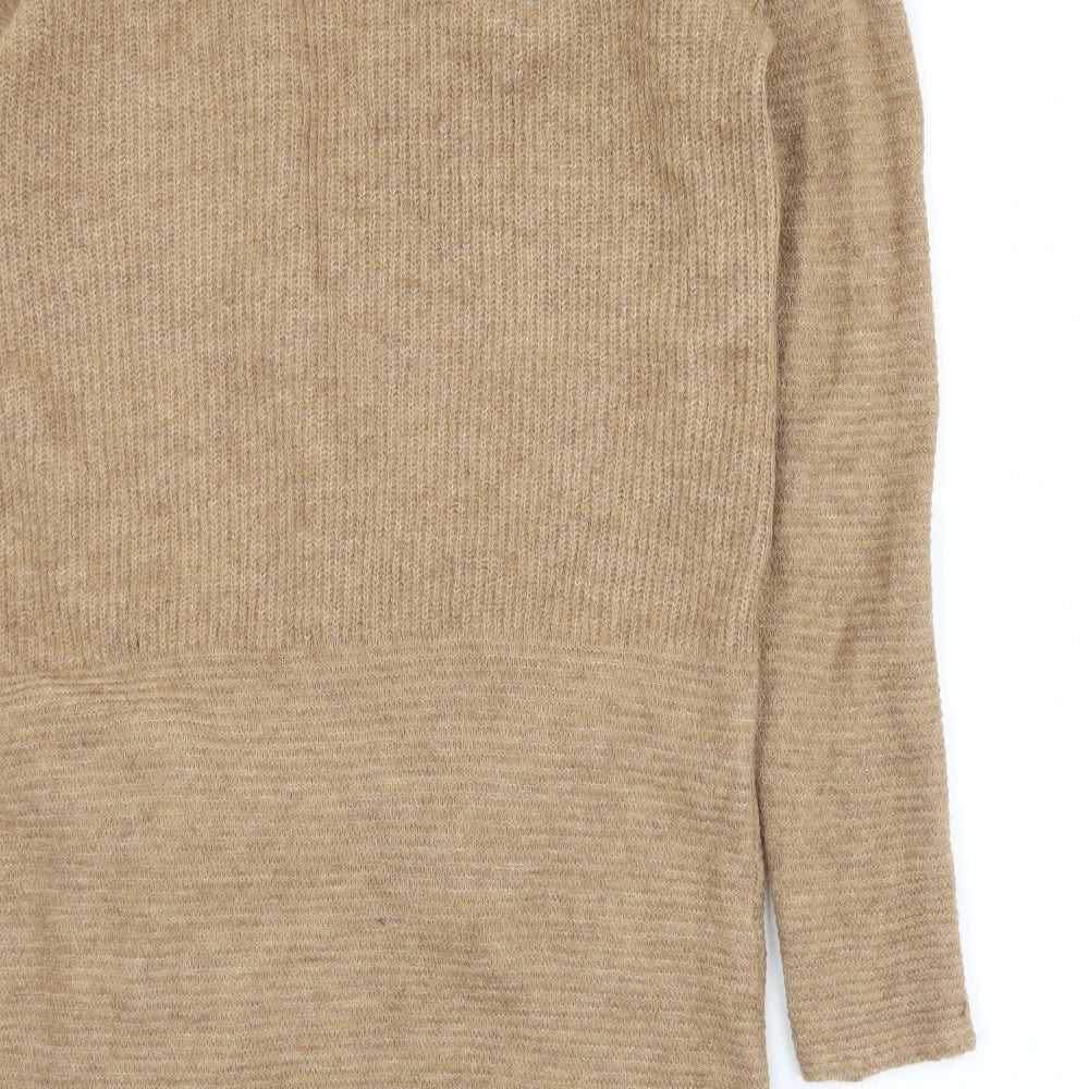Brand and care label for Avenue women’s brown round neck acrylic cardigan jumper, size UK 12