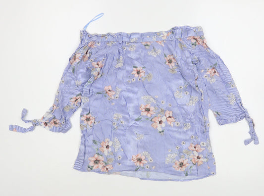 F&F Womens Blue Striped Viscose Basic Blouse Size 6 Off the Shoulder