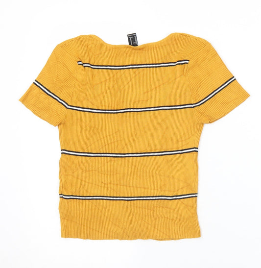 FOREVER 21 Womens Yellow Striped Polyamide Cropped Button-Up Size M Scoop Neck