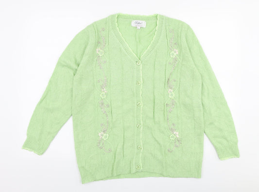 Reflect Womens Green V-Neck Floral Acrylic Cardigan Jumper Size L