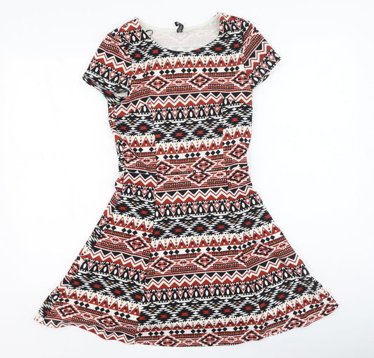 Divided Womens Multicoloured Geometric Polyester Fit & Flare Size 6 Round Neck
