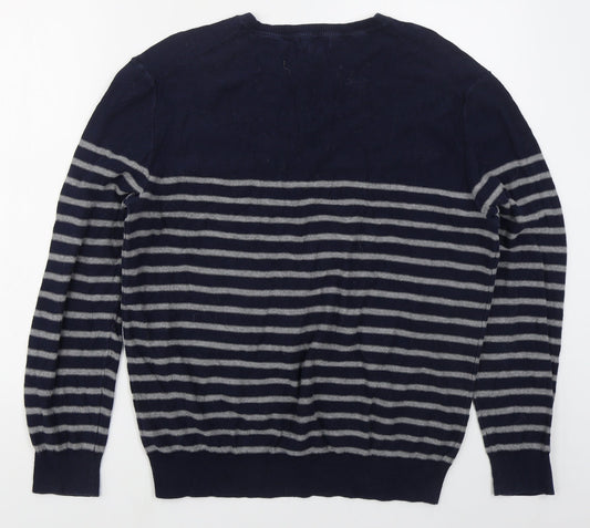 Gap Mens Blue Crew Neck Striped Cotton Pullover Jumper Size L