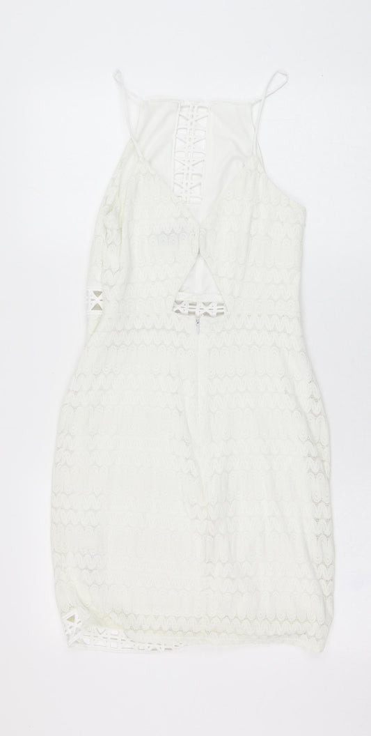 Topshop Womens Ivory Nylon Pencil Dress Size 8 Square Neck Hook & Loop