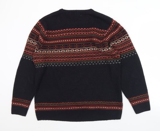 Easy Mens Black Crew Neck Geometric Acrylic Pullover Jumper Size L