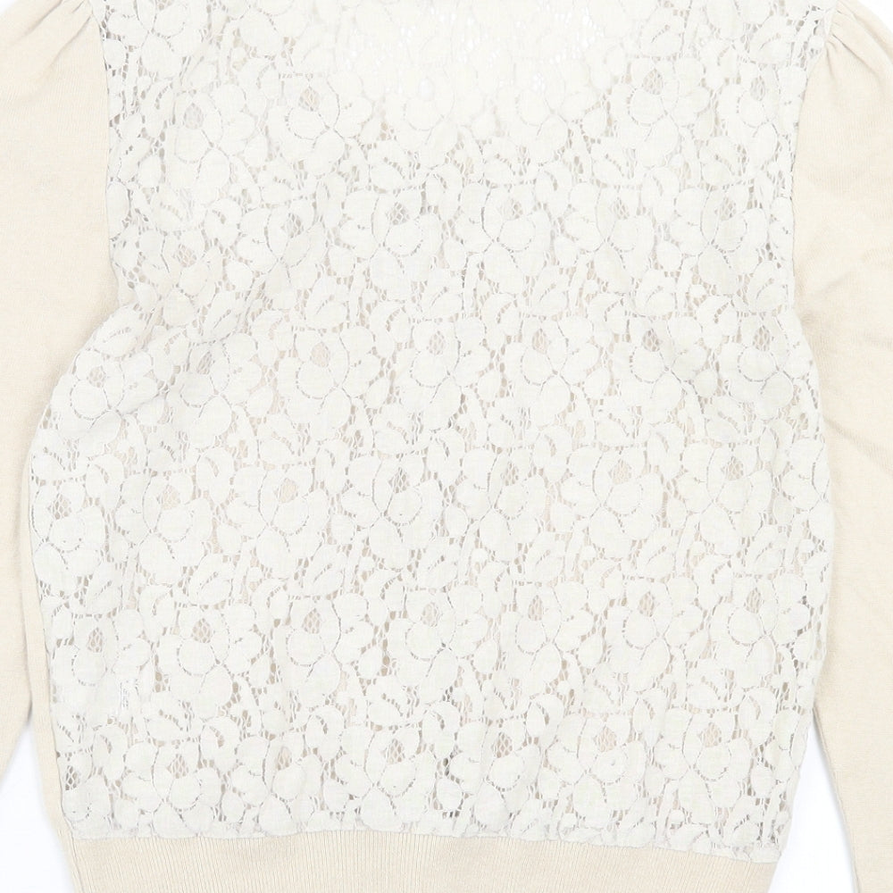TU Womens Beige Crew Neck Floral Acrylic Cardigan Jumper Size 10