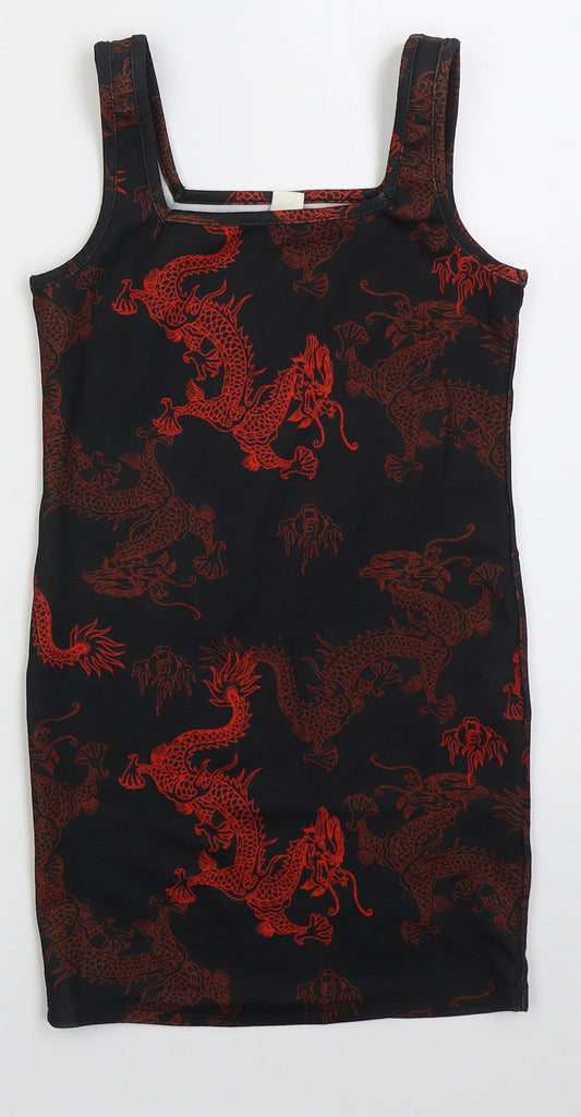 SheIn Girls Black Polyester Tank Dress Size 9 Years Square Neck Pullover - Red Dragons