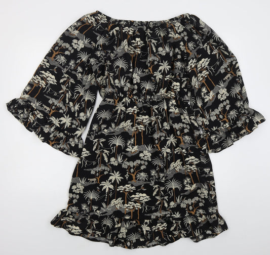 H&M Womens Black Polyester Skater Dress Size 8 Off the Shoulder Pullover - Trees