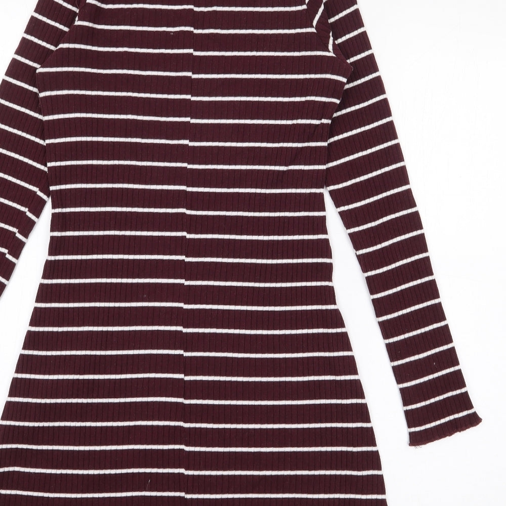 Primark Womens Purple Striped Cotton Jumper Dress Size 8 Roll Neck
