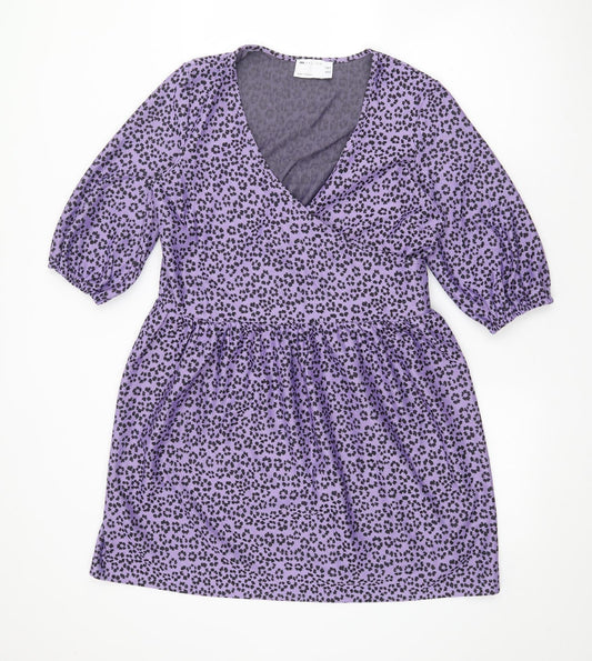 ASOS Womens Purple Animal Print Polyester Fit & Flare Size 10 V-Neck
