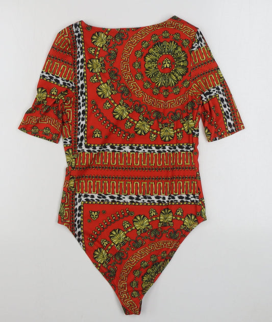 River Island Womens Red Geometric Polyester Bodysuit One-Piece Size 8  Button