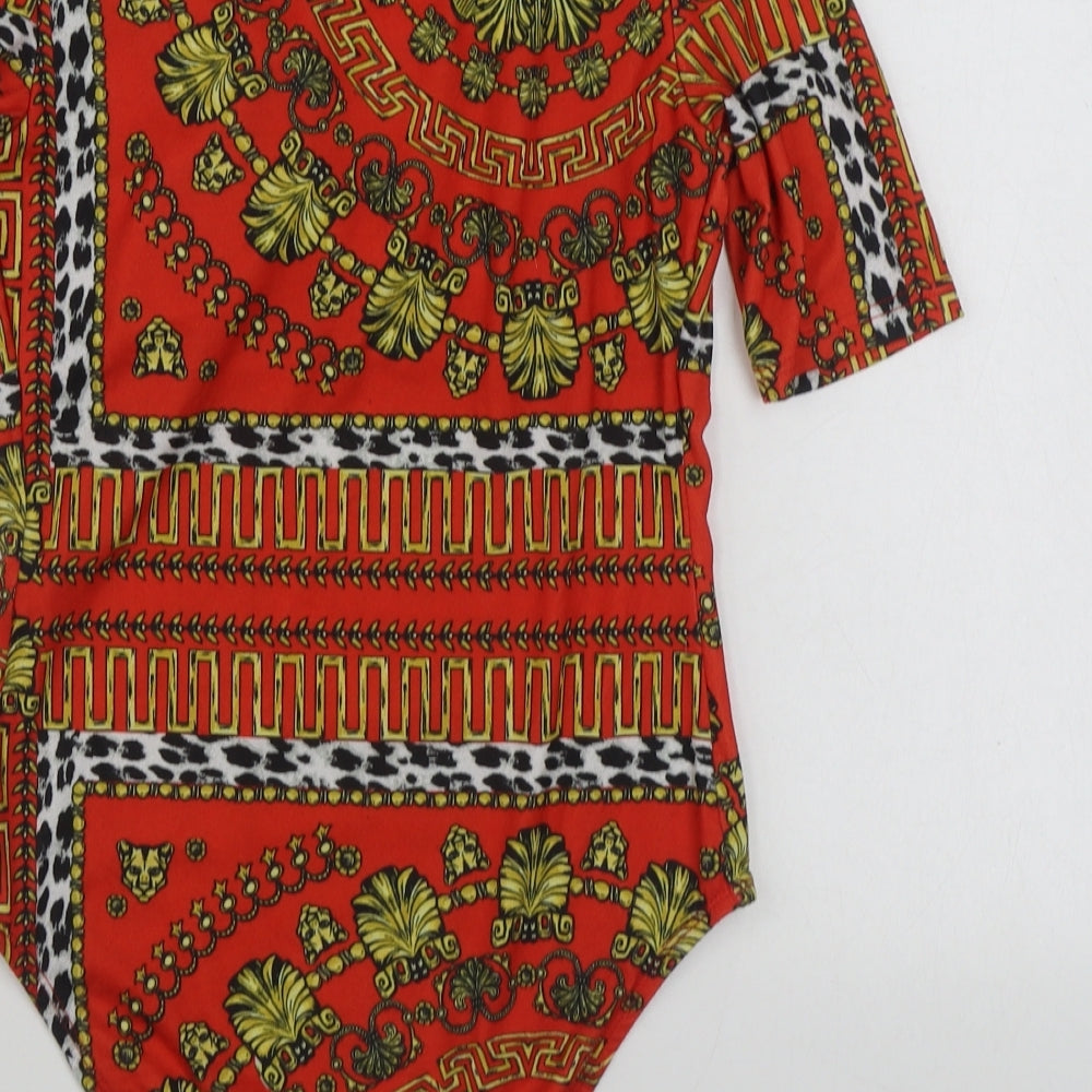 River Island Womens Red Geometric Polyester Bodysuit One-Piece Size 8 Button