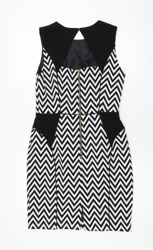 H&M Womens White Striped Polyester Pencil Dress Size 10 Round Neck Button