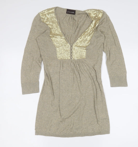 Principles Womens Gold Geometric Cotton Skater Dress Size 10 V-Neck Button