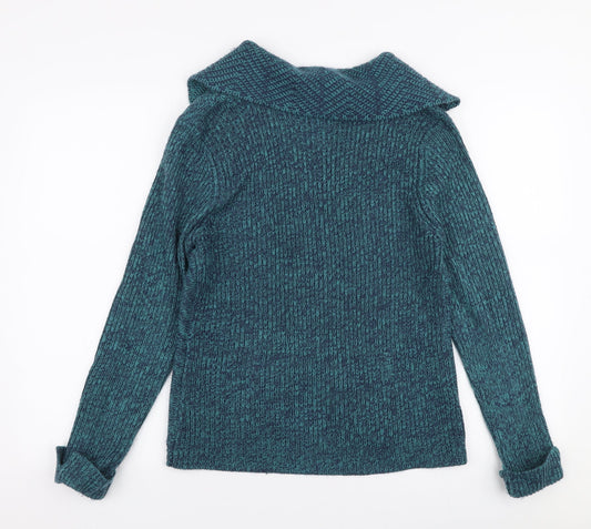 B&W Womens Blue Collared Acrylic Cardigan Jumper Size M