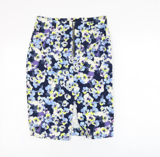 New Look Womens Blue Floral Cotton Straight & Pencil Skirt Size 12 Zip