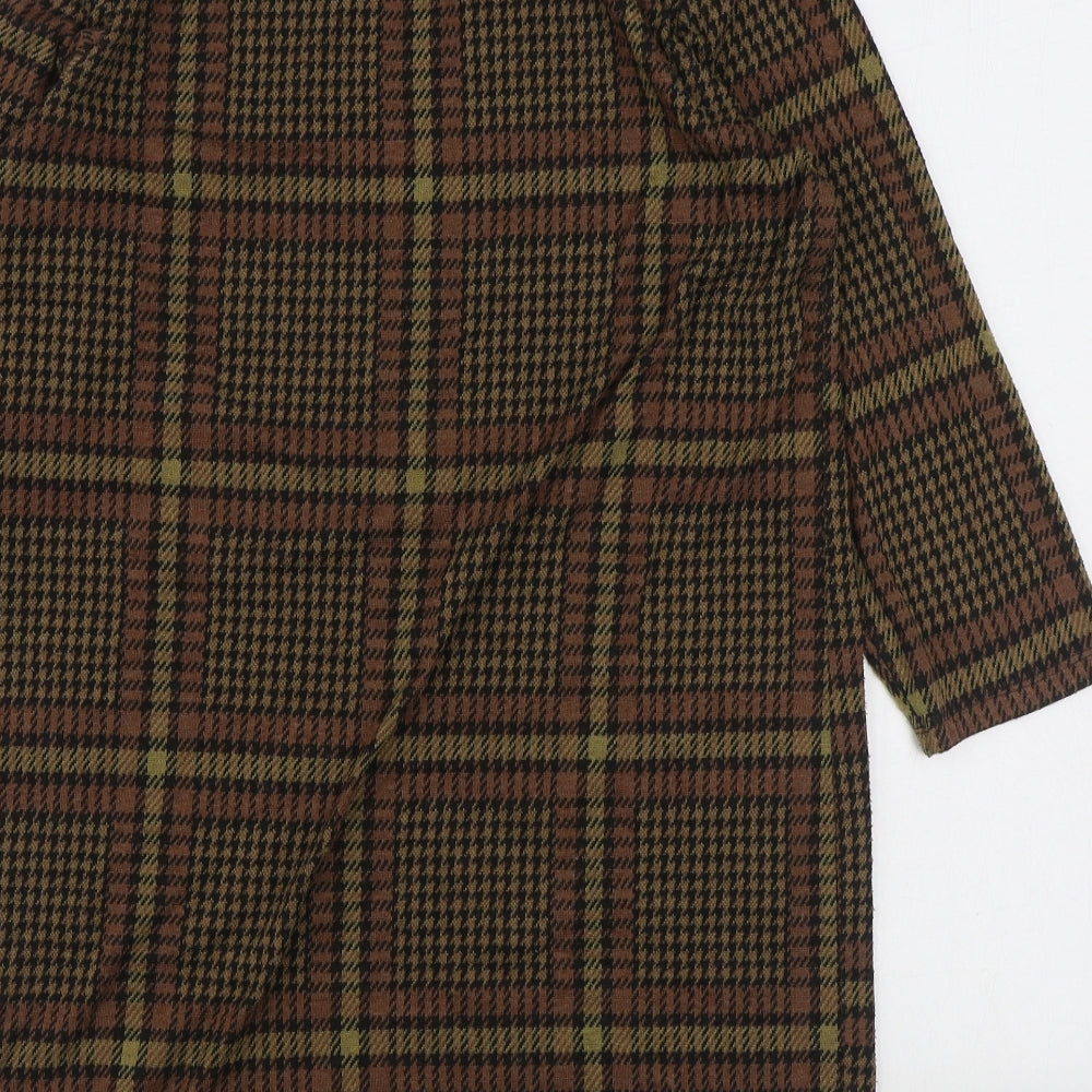 TU Womens Brown Plaid Polyester A-Line Size 12 Scoop Neck Pullover