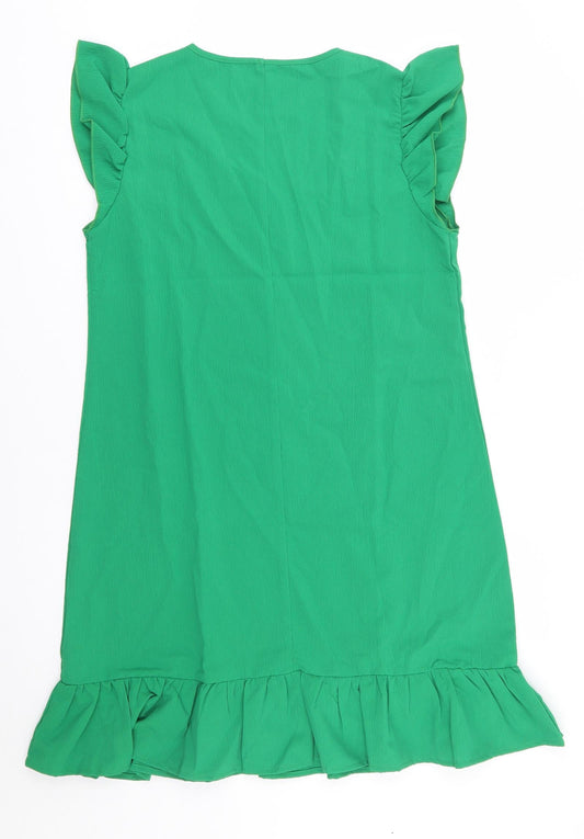 SheIn Womens Green Polyester Shift Size 6 V-Neck - Ruffle, Frill