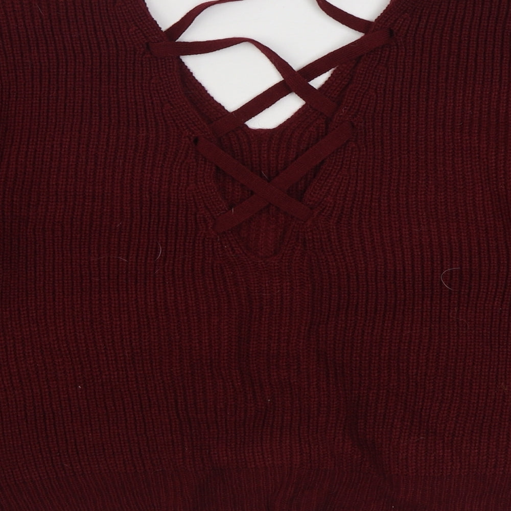 SheIn Womens Red V-Neck Acrylic Pullover Jumper Size 12