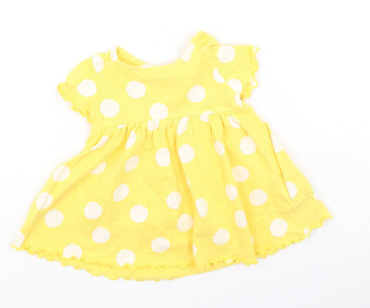 Marks and Spencer Girls Yellow Spotted Cotton Fit & Flare Size 3-6 Months Round Neck