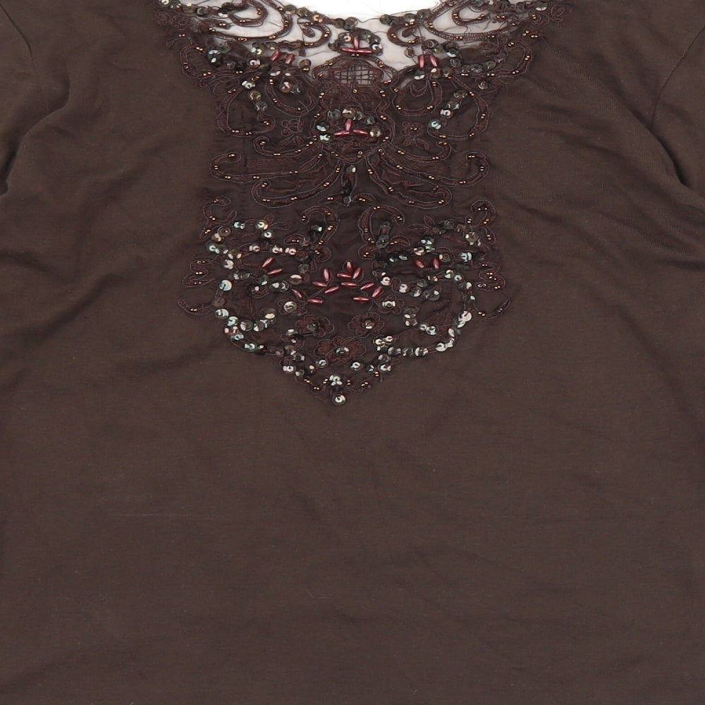 Joanna Hope Womens Brown Cotton Basic T-Shirt Size 14 Scoop Neck - Sequin detail